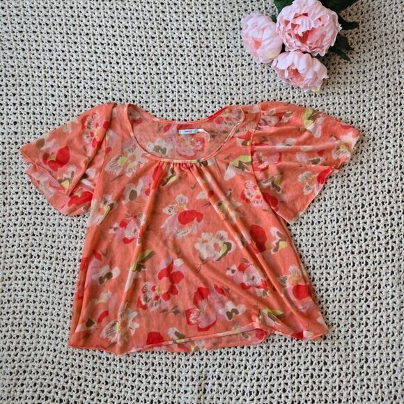 Kimchi Blue Orange and Pink Floral Sheer Babydoll Top Size XS - Picture 1 of 3
